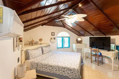 a bedroom with a bed with a ceiling fan and a desk at La Dolce Vita in Las Terrenas