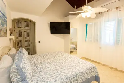 a bedroom with a bed and a ceiling fan at La Dolce Vita in Las Terrenas