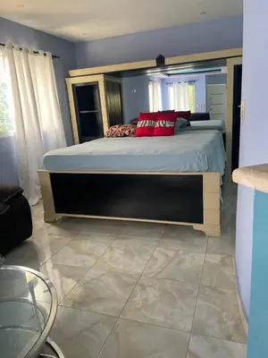 a bedroom with a large bed with red pillows at Villa anastacia in Sabaneta de Yásica