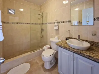 a bathroom with a toilet and a sink and a shower at Garden Condo, Sosua in Sosúa