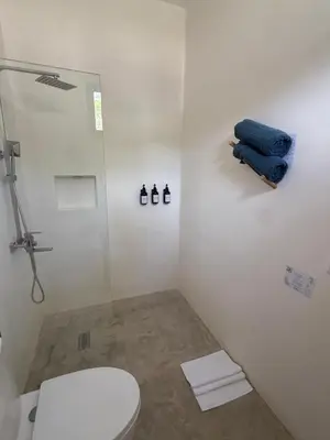 a bathroom with a toilet and a shower with a blue towel at Kaia Beach Lodge en Cosón in Las Terrenas