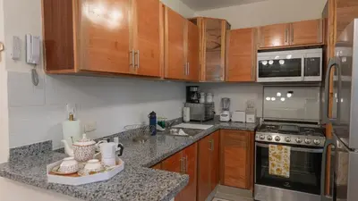 a kitchen with wooden cabinets and a counter top at Agua Azul Boca Chica Accommodation in Andrés