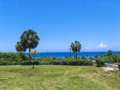 a park with palm trees and the ocean in the background at Luxury Oceanfront Villa with Heated Pool, Jacuzzi, AC, BBQ, Starlink Wi-Fi, Chef's Kitchen, Staff Included, Mountain Views, Near El Quemaito, San Rafael, and Los Patos Beach in Santa Cruz de Barahona