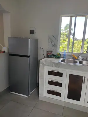 a kitchen with a stainless steel refrigerator and a sink at Hermosa Casa en Juana Vicenta Samana in Santa Bárbara de Samaná