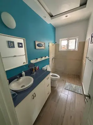 a blue bathroom with a sink and a toilet at Apartment en residence face à la Mer in Las Terrenas