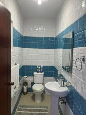 a blue and white bathroom with a toilet and a sink at Residencial Pancho III in Los Mameyes
