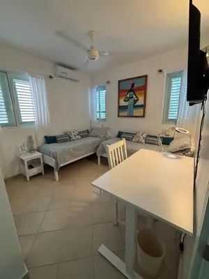 a living room with a couch and a table at Waterfront apartment in Las Terrenas