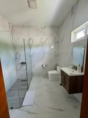 a bathroom with a shower and a toilet and a sink at Villa Noah in Bayahibe