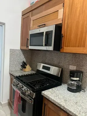 a kitchen with a stove and a microwave at Escapada perfecta, apartamento frente al mar in San Felipe de Puerto Plata