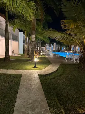 a pathway with palm trees and a pool at night at Lujoso townhouse en Boca Chica in Boca Chica