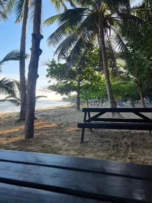 a picnic table on a beach with palm trees at Beach Apartment with Pool - Costambar in Las Flores