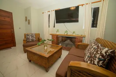 a living room with a couch and a fireplace at JARABACOA villa Almonte in Jarabacoa