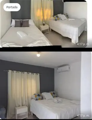 two pictures of a bedroom with two beds at Hospedaje Las Flores Pedernales in Pedernales
