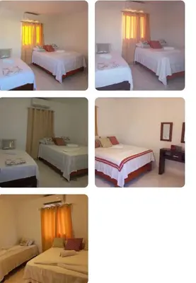 four pictures of a hotel room with four beds at Hospedaje Las Flores Pedernales in Pedernales