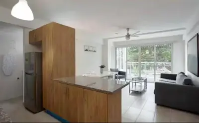 a kitchen and living room with a counter top and a couch at Encanto en gazcue - Cerca del Malecón y la Zona Colonial in Santo Domingo