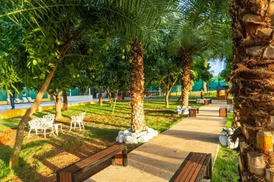 a park with palm trees and chairs and a sidewalk at Terrenal Paradise in Esperanza