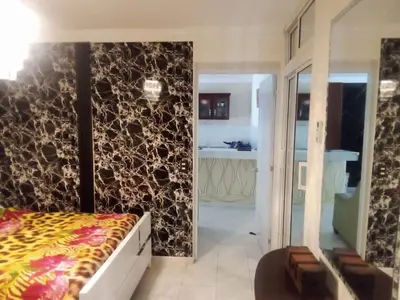 a bedroom with a bed in a room with a wall at SML Garden Apartament in La Romana