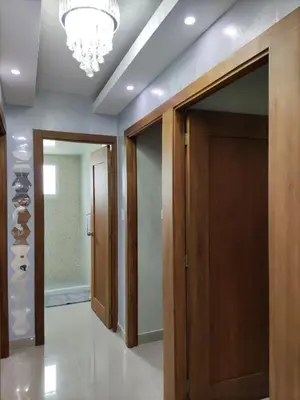 a hallway with wooden doors and a chandelier at Moderno y amplio apartamento en Santiago in Carlos Guerra