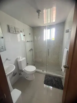 a bathroom with a toilet and a glass shower at Moderno y amplio apartamento en Santiago in Carlos Guerra
