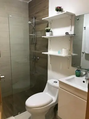 a bathroom with a toilet and a shower and a sink at Apartamento en Boca Chica T2 501 in Boca Chica