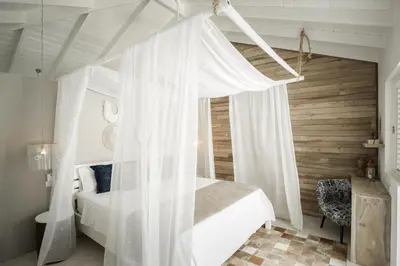 a bedroom with a canopy bed with white curtains at Mahona Boutique Hotel in Las Terrenas