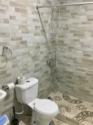 a bathroom with a toilet and a shower at Aparta hotel El Sol, Home near AirPort SDQ in Boca Chica