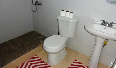 a bathroom with a toilet and a sink at Aparta hotel El Sol, Home near AirPort SDQ in Boca Chica