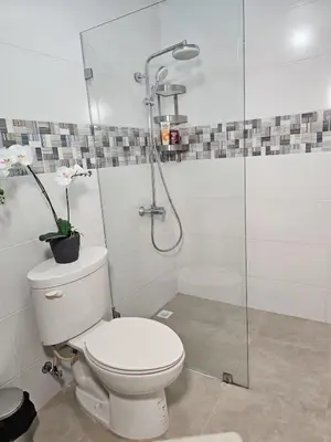 a bathroom with a toilet and a glass shower at Luxury apartment in Santo Domingo Este in Juan López
