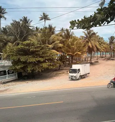 a white truck parked on the side of a road with palm trees at The Beauty and The Beach in Nagua