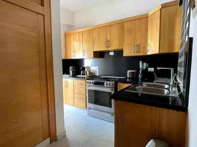 a kitchen with wooden cabinets and a sink and a stove at Casahermosa in Santo Domingo