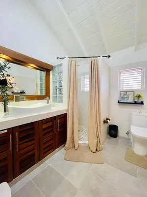 a bathroom with a tub and a toilet and a sink at Sole E Mare Beach House in Las Terrenas