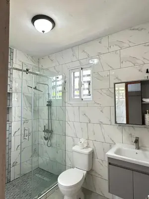 a bathroom with a toilet and a shower and a sink at Casa Finca El Encanto - 8 pax, A Minutos de la Playa in Arroyo El Cabo