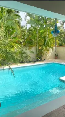 a large swimming pool with palm trees in the background at Villa Langosta in Las Terrenas