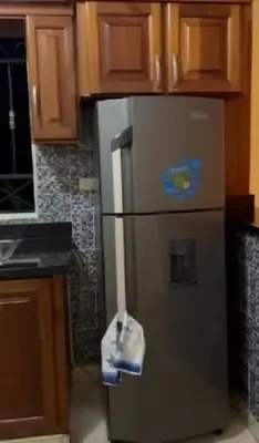 a stainless steel refrigerator in a kitchen with wooden cabinets at Kass Luxe in Colorado