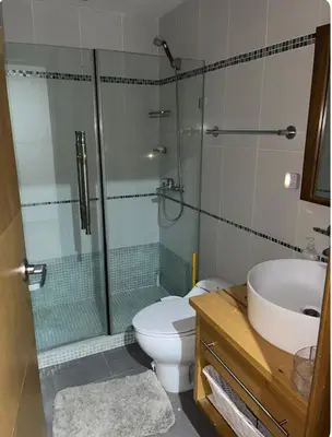 a bathroom with a shower and a toilet and a sink at Beachfront Three Bedroom apt with Jacuzzi in Juan Pedro