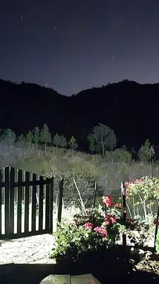 a fence and flowers in a field at night at Nice mountain cabin, with the best view