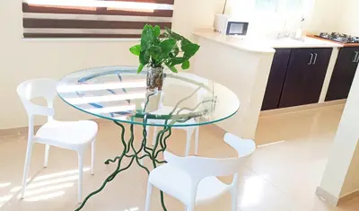 a glass table with white chairs and a vase with a plant at Apartamento en Residencial Los Pinos Cotui in Cotuí
