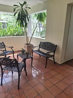 three chairs and a potted plant in a room at Modern condo in middle of Sosua in Sosúa