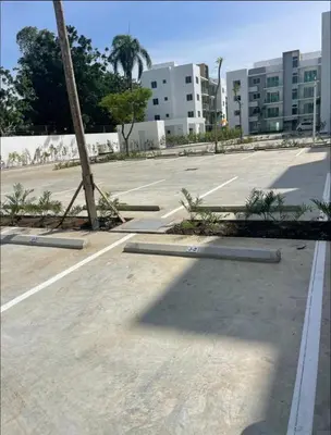 an empty parking lot with a palm tree in the middle at Luxury first floor Apartment Pool kingside suite in Santiago de los Caballeros