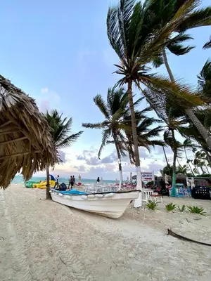 a boat sitting on a beach with palm trees at Los corales 1Bedroom Apartament Close to the Beach Central los corales RD in Punta Cana
