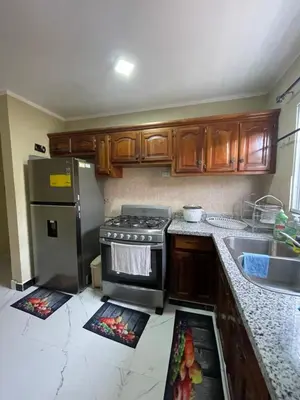 a kitchen with wooden cabinets and a stainless steel refrigerator at Acogedor apartamento en Bella Vista, Casa Caribe in Santo Domingo