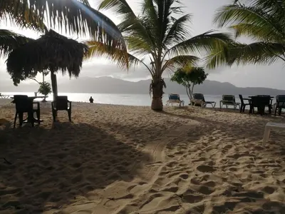 a beach with chairs and palm trees and the ocean at Family Villa at Las Galeras, Samaná in Las Galeras