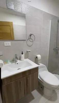 a bathroom with a sink and a toilet and a mirror at Acogedor y Moderno apartamento en Evaristo Morales in Colorado