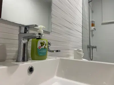 a bathroom sink with a green bottle of soap at Soja 11 in Santiago de los Caballeros