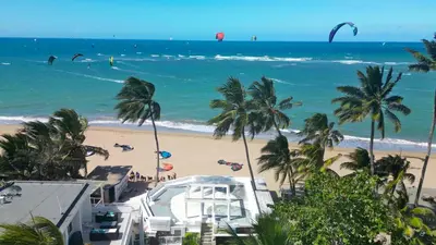 a view of a beach with palm trees and the ocean at Chilvers Seaside Studio 202 in Cabarete