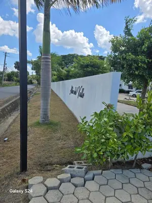 a sign with a palm tree next to a street at Peace Place in Santiago de los Caballeros