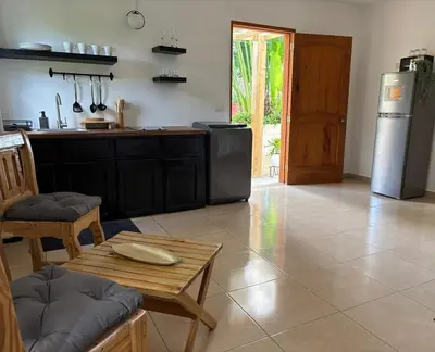a kitchen with a table and a refrigerator at Guest House Canephora in Las Galeras in Las Galeras