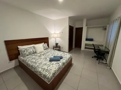 a bedroom with a bed and a desk in it at Apartamento en La Romana buena vista norte Jacuzzi in La Romana