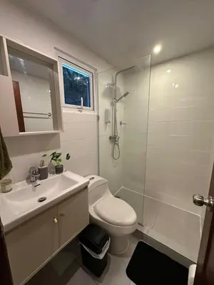 a bathroom with a toilet and a sink and a shower at Apartamento en La Romana buena vista norte Jacuzzi in La Romana