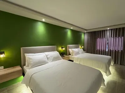a hotel room with two beds and a green wall at Caonabo35 Elegancia Boutique en Santo Domingo1 in Santo Domingo